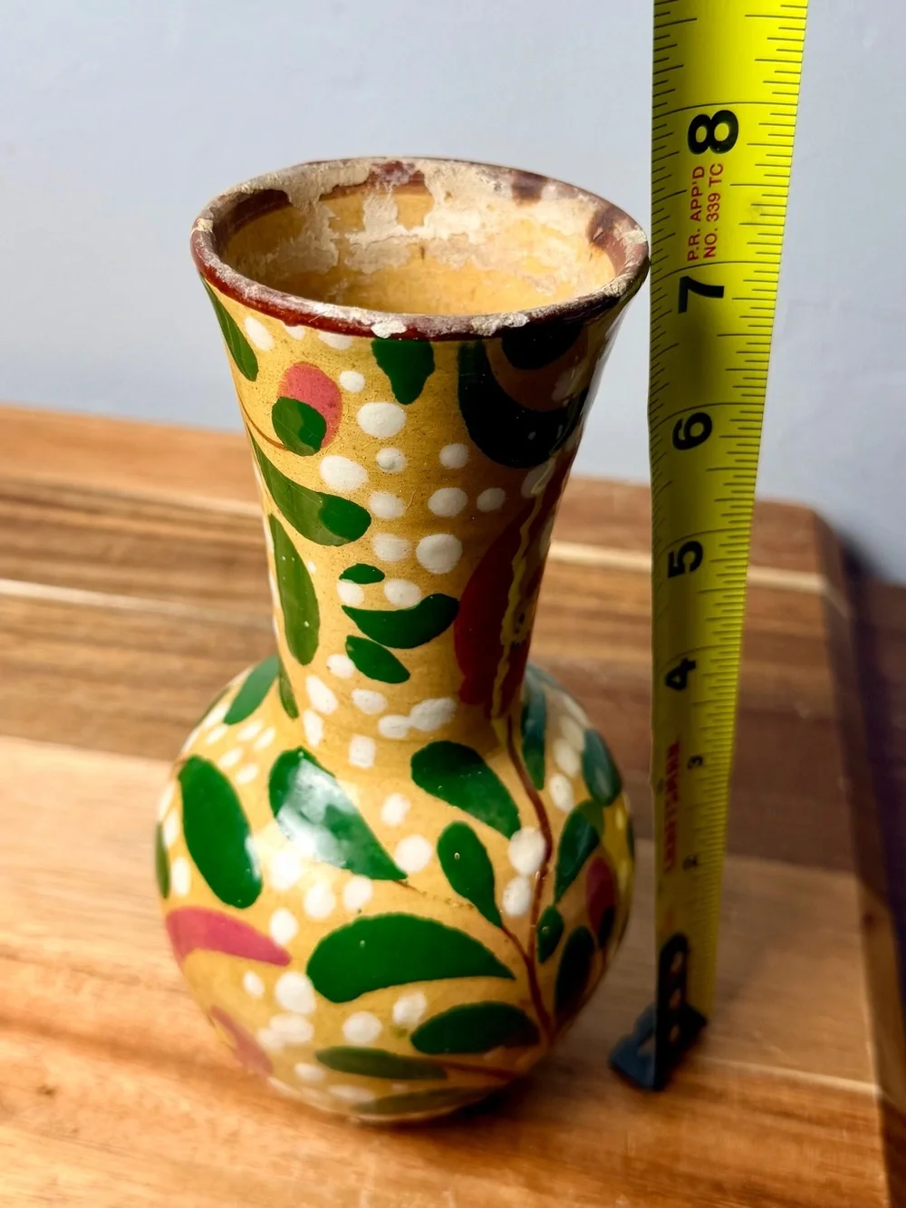 Vintage Italian Hand-Painted Yellow Floral Ceramic Vase with Pink Flowers